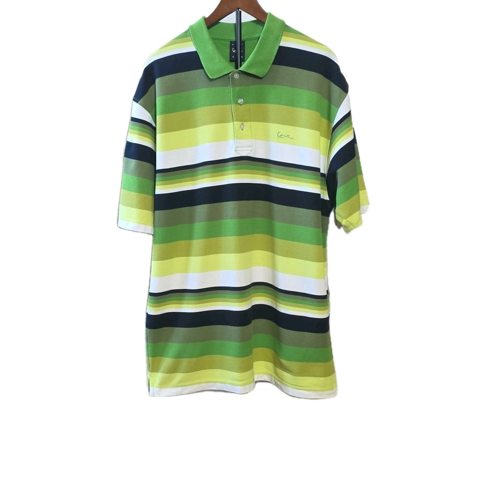 Vintage Y2K Karl Kani Gold Men's XXL Striped Polo Shirt